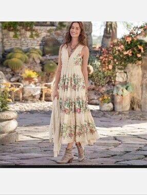 Sundance  Marjorie Rose Cream Midi Dress  Floral Embroidery